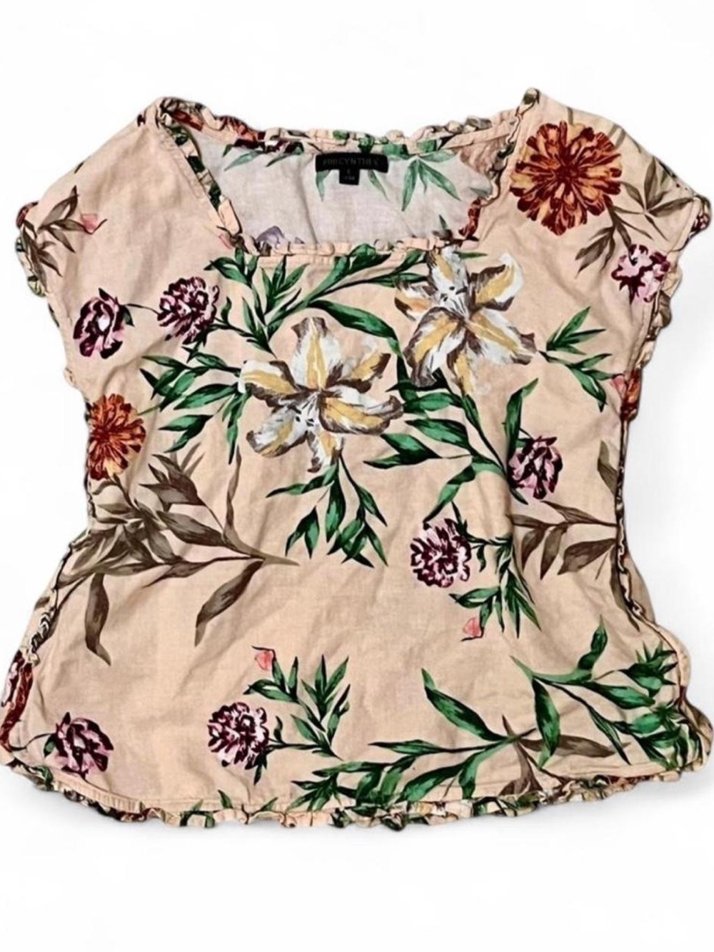 For Cynthia Linen Floral Boxy Summer Beachy Feminine Peach Top With Ruffled Hem